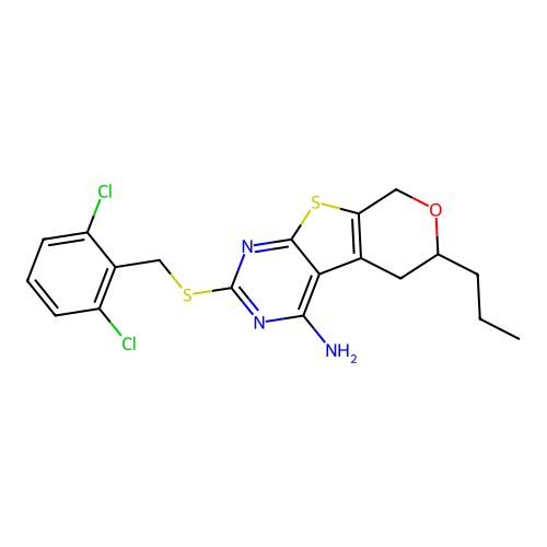 2-((2,6-dichlorobenzyl)thio)-6-propyl-6,8-dihydro-5H-pyrano[4',3':4,5]thieno[2,3-d]pyrimidin-4-amine structure