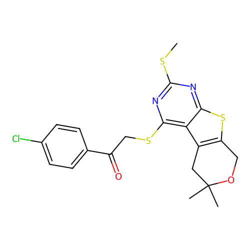 1-(4-chlorophenyl)-2-((6,6-dimethyl-2-(methylthio)-6,8-dihydro-5H-pyrano[4',3':4,5]thieno[2,3-d]pyrimidin-4-yl)thio)ethanone structure