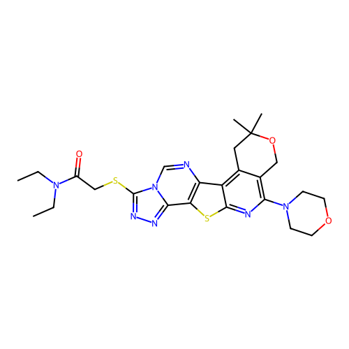 2-((8,8-dimethyl-11-morpholino-8,10-dihydro-7H-pyrano[4'',3'':4',5']pyrido[3',2':4,5]thieno[2,3-e][1,2,4]triazolo[4,3-c]pyrimidin-3-yl)thio)-N,N-diethylacetamide structure