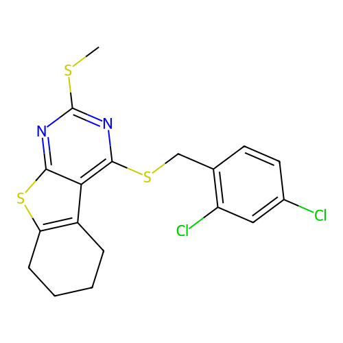 4-((2,4-dichlorobenzyl)thio)-2-(methylthio)-5,6,7,8-tetrahydrobenzo[4,5]thieno[2,3-d]pyrimidine structure