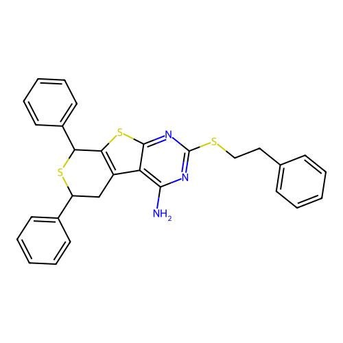 2-(phenethylthio)-6,8-diphenyl-6,8-dihydro-5H-thiopyrano[4',3':4,5]thieno[2,3-d]pyrimidin-4-amine structure