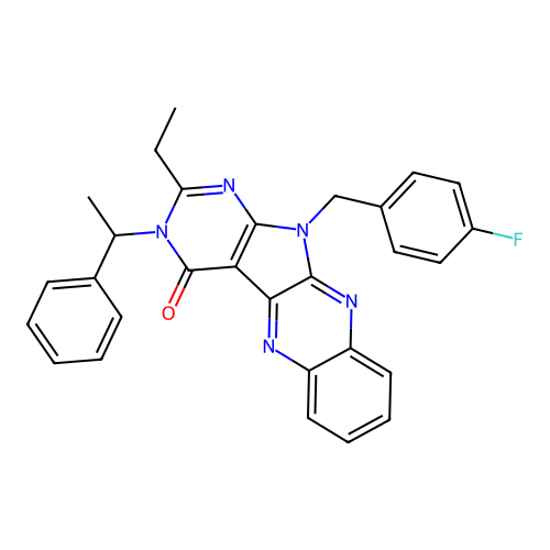 2-ethyl-11-(4-fluorobenzyl)-3-(1-phenylethyl)-3,11-dihydro-4H-pyrimido[5',4':4,5]pyrrolo[2,3-b]quinoxalin-4-one structure
