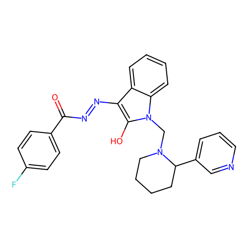 4-fluoro-N-[[2-oxo-1-[(2-pyridin-3-yl-1-piperidyl)methyl]indol-3-ylidene]amino]benzamide structure