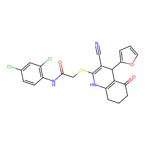 2-((3-cyano-4-(furan-2-yl)-5-oxo-1,4,5,6,7,8-hexahydroquinolin-2-yl)thio)-N-(2,4-dichlorophenyl)acetamide structure