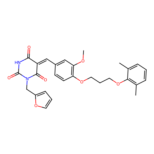 (5Z)-5-[[4-[3-(2,6-dimethylphenoxy)propoxy]-3-methoxyphenyl]methylidene]-1-(furan-2-ylmethyl)-1,3-diazinane-2,4,6-trione structure