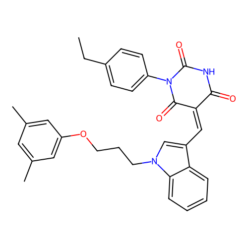 (5Z)-5-({1-[3-(3,5-dimethylphenoxy)propyl]-1H-indol-3-yl}methylidene)-1-(4-ethylphenyl)pyrimidine-2,4,6(1H,3H,5H)-trione structure
