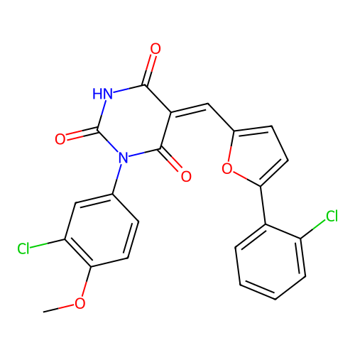 (5Z)-1-(3-chloro-4-methoxyphenyl)-5-[[5-(2-chlorophenyl)furan-2-yl]methylidene]-1,3-diazinane-2,4,6-trione structure
