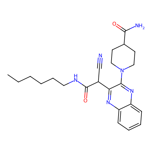 1-(3-(1-Cyano-2-(hexylamino)-2-oxoethyl)quinoxalin-2-yl)piperidine-4-carboxamide structure