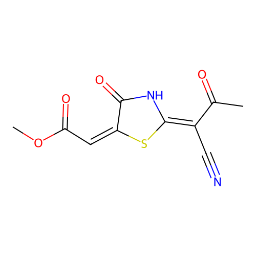 (E)-methyl 2-((E)-2-(1-cyano-2-oxopropylidene)-4-oxothiazolidin-5-ylidene)acetate structure