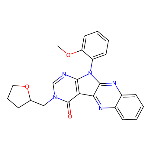 11-(2-methoxyphenyl)-3-((tetrahydrofuran-2-yl)methyl)-3H-pyrimido[5',4':4,5]pyrrolo[2,3-b]quinoxalin-4(11H)-one structure