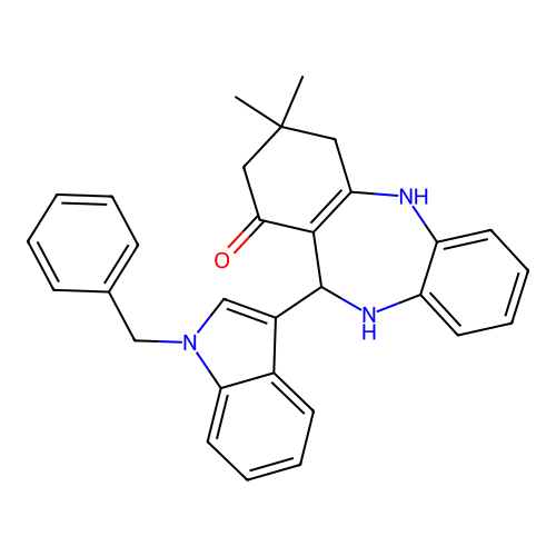 11-(1-benzyl-1H-indol-3-yl)-3,3-dimethyl-2,3,4,5,10,11-hexahydro-1H-dibenzo[b,e][1,4]diazepin-1-one structure