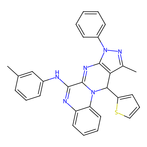 10-methyl-8-phenyl-11-(thiophen-2-yl)-N-(m-tolyl)-8,11-dihydropyrazolo[3',4':4,5]pyrimido[1,2-a]quinoxalin-6-amine structure