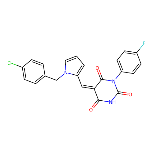 (5Z)-5-[[1-[(4-chlorophenyl)methyl]pyrrol-2-yl]methylidene]-1-(4-fluorophenyl)-1,3-diazinane-2,4,6-trione structure