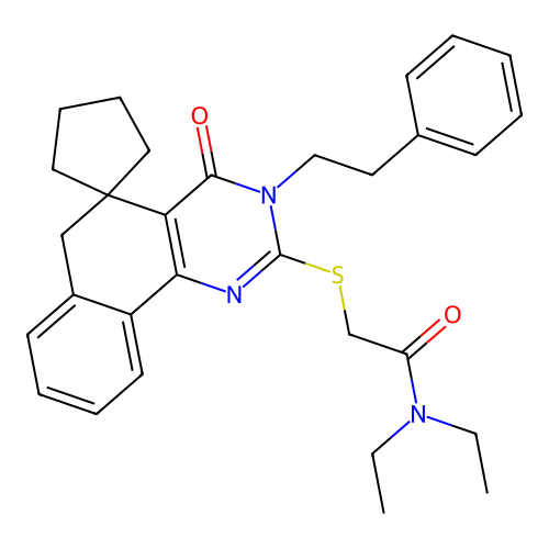N,N-diethyl-2-((4-oxo-3-phenethyl-4,6-dihydro-3H-spiro[benzo[h]quinazoline-5,1'-cyclopentan]-2-yl)thio)acetamide structure