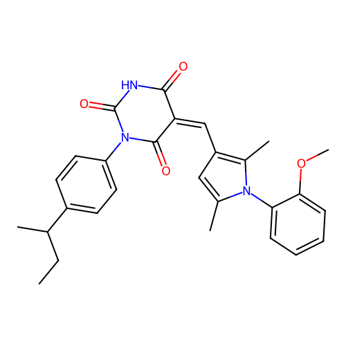 (5Z)-1-(4-butan-2-ylphenyl)-5-[[1-(2-methoxyphenyl)-2,5-dimethylpyrrol-3-yl]methylidene]-1,3-diazinane-2,4,6-trione structure