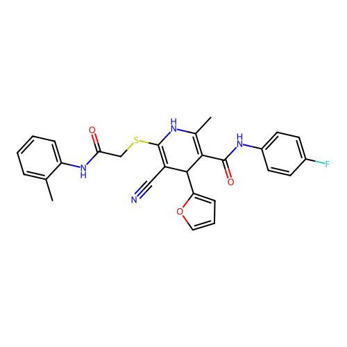 5-cyano-N-(4-fluorophenyl)-4-(furan-2-yl)-2-methyl-6-((2-oxo-2-(o-tolylamino)ethyl)thio)-1,4-dihydropyridine-3-carboxamide structure