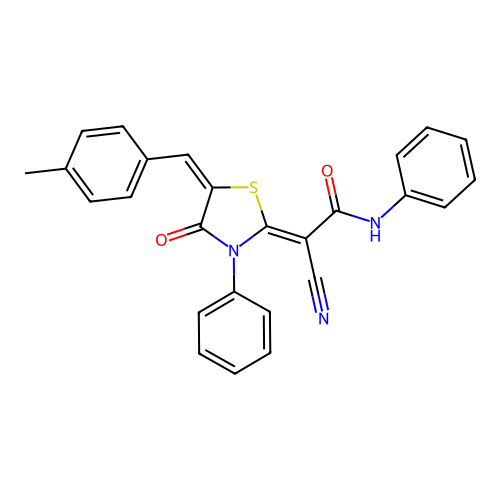 (2Z)-2-cyano-2-[(5E)-5-(4-methylbenzylidene)-4-oxo-3-phenyl-1,3-thiazolidin-2-ylidene]-N-phenylethanamide structure