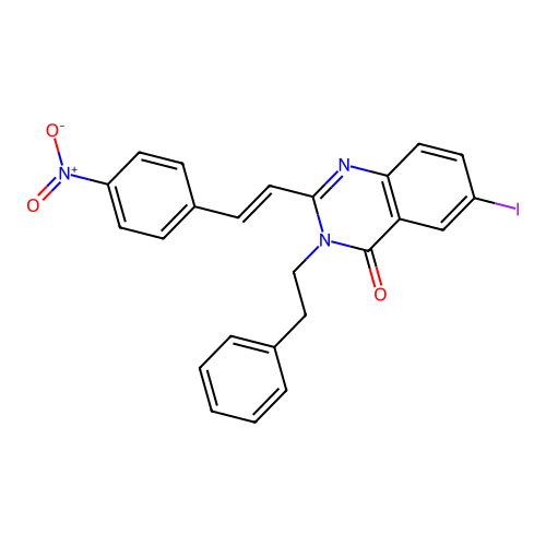 6-iodo-2-[(E)-2-(4-nitrophenyl)ethenyl]-3-(2-phenylethyl)quinazolin-4(3H)-one structure