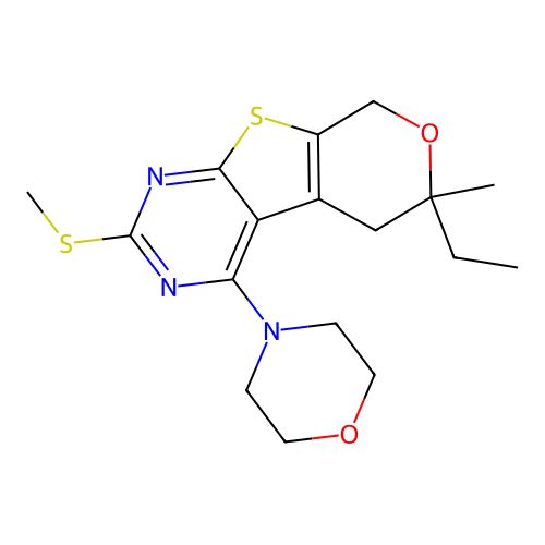 6-ethyl-6-methyl-2-(methylsulfanyl)-4-(morpholin-4-yl)-5,8-dihydro-6H-pyrano[4',3':4,5]thieno[2,3-d]pyrimidine structure