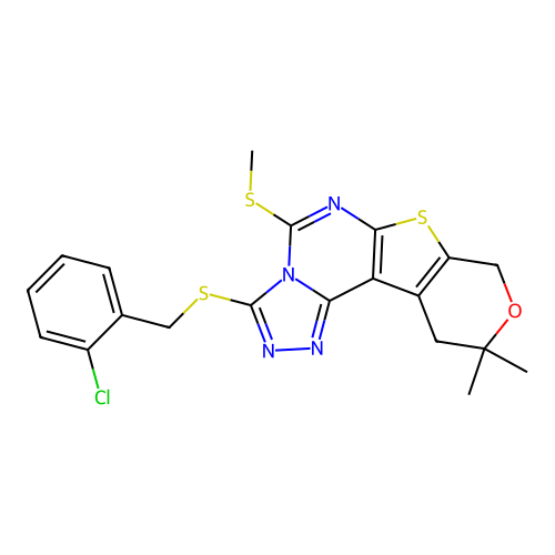 3-((2-chlorobenzyl)thio)-10,10-dimethyl-5-(methylthio)-10,11-dihydro-8H-pyrano[4',3':4,5]thieno[3,2-e][1,2,4]triazolo[4,3-c]pyrimidine structure