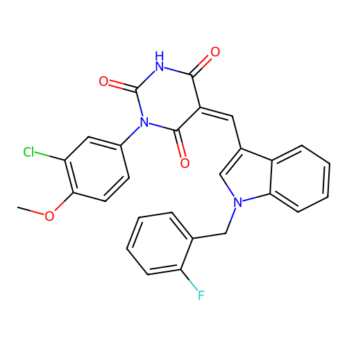 (5Z)-1-(3-chloro-4-methoxyphenyl)-5-[[1-[(2-fluorophenyl)methyl]indol-3-yl]methylidene]-1,3-diazinane-2,4,6-trione structure