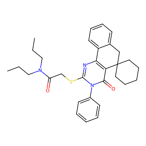 2-((4-oxo-3-phenyl-4,6-dihydro-3H-spiro[benzo[h]quinazoline-5,1'-cyclohexan]-2-yl)thio)-N,N-dipropylacetamide structure