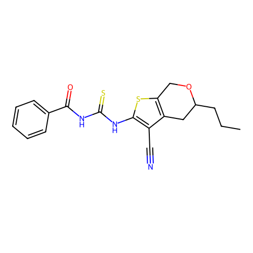 1-Benzoyl-3-(3-cyano-5-propyl-4,7-dihydro-5H-thieno[2,3-c]pyran-2-yl)-thiourea structure