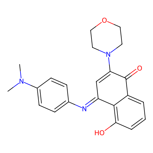 (E)-4-((4-(dimethylamino)phenyl)imino)-5-hydroxy-2-morpholinonaphthalen-1(4H)-one structure