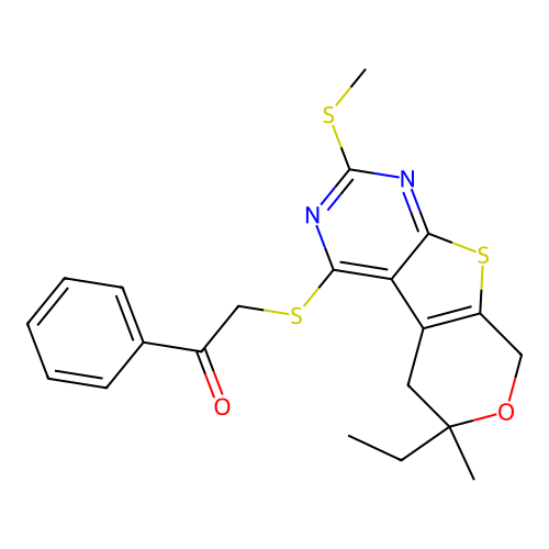 2-{[6-ethyl-6-methyl-2-(methylsulfanyl)-5,8-dihydro-6H-pyrano[4',3':4,5]thieno[2,3-d]pyrimidin-4-yl]sulfanyl}-1-phenylethanone structure