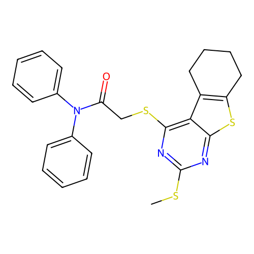 2-((2-(methylthio)-5,6,7,8-tetrahydrobenzo[4,5]thieno[2,3-d]pyrimidin-4-yl)thio)-N,N-diphenylacetamide structure