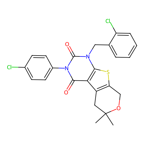 1-(2-chlorobenzyl)-3-(4-chlorophenyl)-6,6-dimethyl-1,5,6,8-tetrahydro-2H-pyrano[4',3':4,5]thieno[2,3-d]pyrimidine-2,4(3H)-dione structure