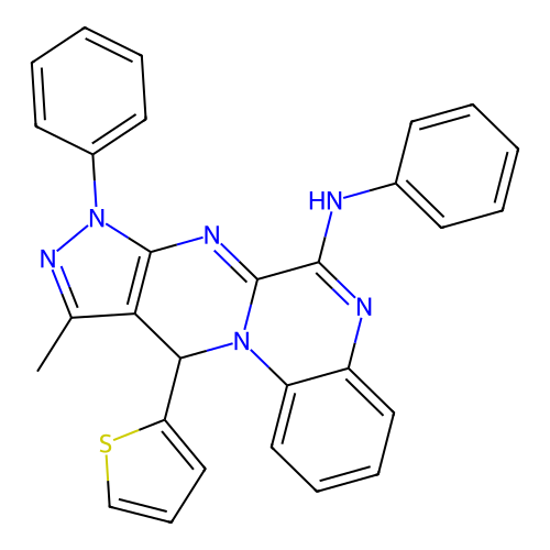 10-methyl-N,8-diphenyl-11-(thiophen-2-yl)-8,11-dihydropyrazolo[3',4':4,5]pyrimido[1,2-a]quinoxalin-6-amine structure