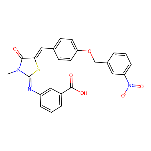 3-((E)-((Z)-3-methyl-5-(4-((3-nitrobenzyl)oxy)benzylidene)-4-oxothiazolidin-2-ylidene)amino)benzoic acid structure