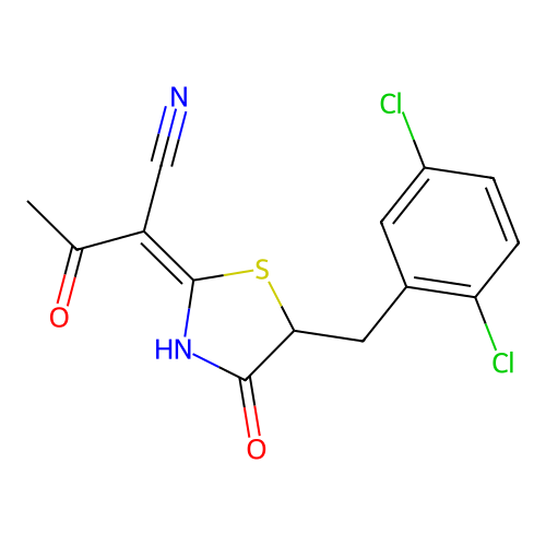 (E)-2-(5-(2,5-dichlorobenzyl)-4-oxothiazolidin-2-ylidene)-3-oxobutanenitrile structure