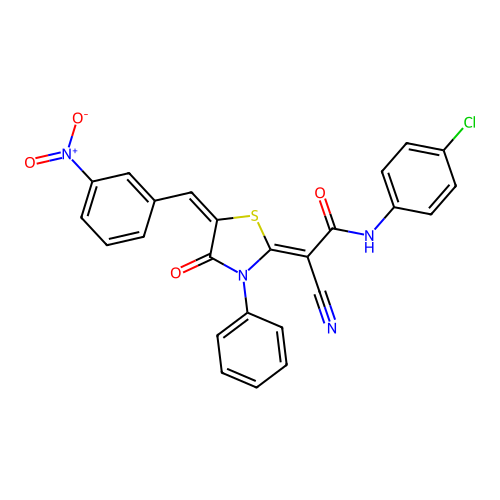 (2Z)-N-(4-chlorophenyl)-2-cyano-2-[(5E)-5-(3-nitrobenzylidene)-4-oxo-3-phenyl-1,3-thiazolidin-2-ylidene]ethanamide structure