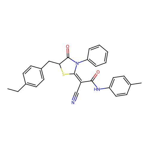 (2E)-2-cyano-2-[5-[(4-ethylphenyl)methyl]-4-oxo-3-phenyl-1,3-thiazolidin-2-ylidene]-N-(4-methylphenyl)acetamide structure
