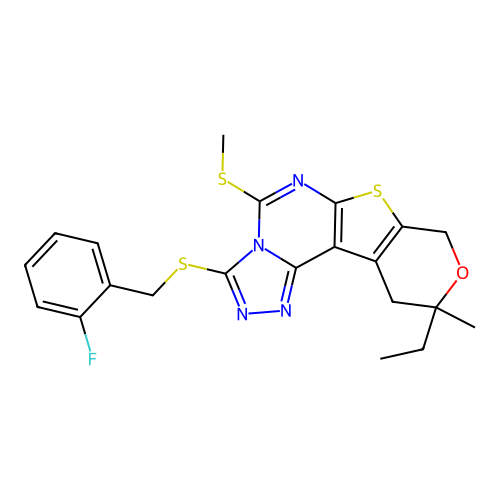 10-ethyl-3-((2-fluorobenzyl)thio)-10-methyl-5-(methylthio)-10,11-dihydro-8H-pyrano[4',3':4,5]thieno[3,2-e][1,2,4]triazolo[4,3-c]pyrimidine structure
