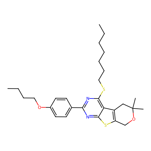 2-(4-butoxyphenyl)-4-(heptylsulfanyl)-6,6-dimethyl-5,8-dihydro-6H-pyrano[4',3':4,5]thieno[2,3-d]pyrimidine structure