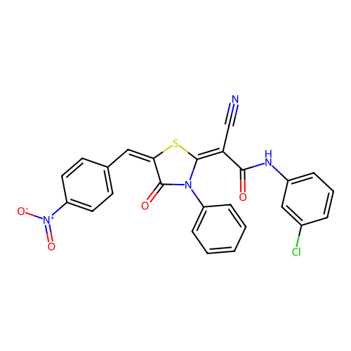 (E)-N-(3-chlorophenyl)-2-cyano-2-((E)-5-(4-nitrobenzylidene)-4-oxo-3-phenylthiazolidin-2-ylidene)acetamide structure
