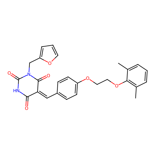 (5Z)-5-[[4-[2-(2,6-dimethylphenoxy)ethoxy]phenyl]methylidene]-1-(furan-2-ylmethyl)-1,3-diazinane-2,4,6-trione structure