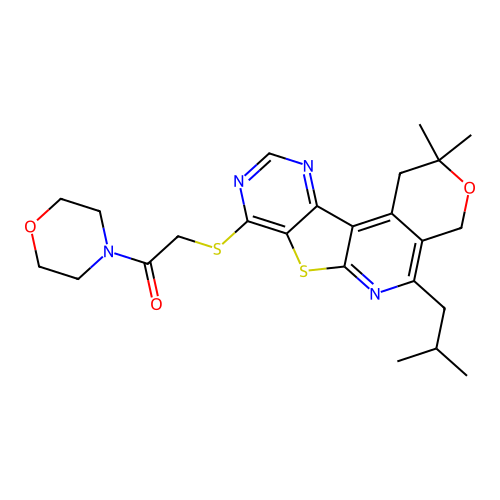 2-((5-isobutyl-2,2-dimethyl-2,4-dihydro-1H-pyrano[4'',3'':4',5']pyrido[3',2':4,5]thieno[3,2-d]pyrimidin-8-yl)thio)-1-morpholinoethanone structure