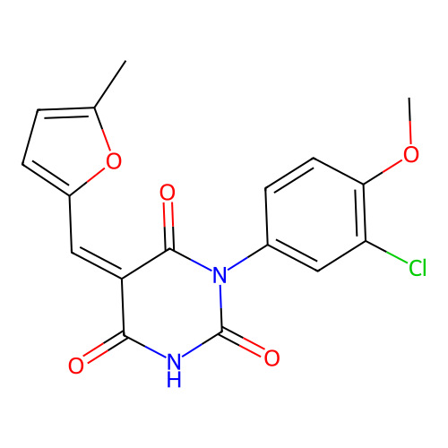 (5Z)-1-(3-chloro-4-methoxyphenyl)-5-[(5-methylfuran-2-yl)methylidene]-1,3-diazinane-2,4,6-trione structure