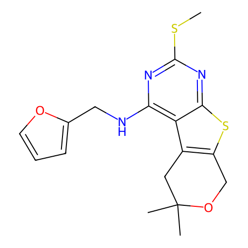 N-(furan-2-ylmethyl)-6,6-dimethyl-2-(methylsulfanyl)-5,8-dihydro-6H-pyrano[4',3':4,5]thieno[2,3-d]pyrimidin-4-amine structure