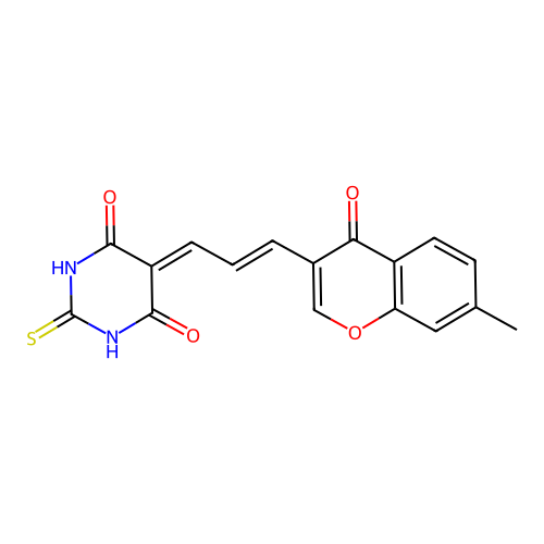 (E)-5-(3-(7-methyl-4-oxo-4H-chromen-3-yl)allylidene)-2-thioxodihydropyrimidine-4,6(1H,5H)-dione structure