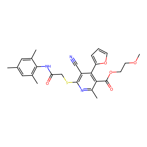 2-methoxyethyl 5-cyano-4-(furan-2-yl)-2-methyl-6-({2-oxo-2-[(2,4,6-trimethylphenyl)amino]ethyl}sulfanyl)pyridine-3-carboxylate structure