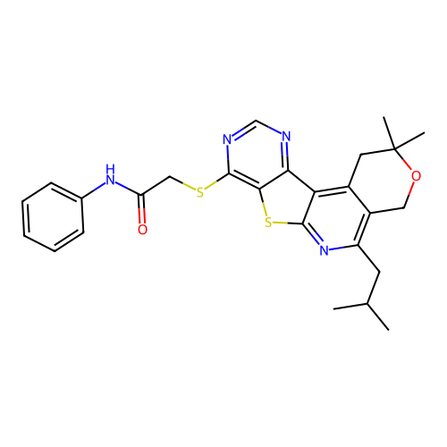 2-((5-isobutyl-2,2-dimethyl-2,4-dihydro-1H-pyrano[4'',3'':4',5']pyrido[3',2':4,5]thieno[3,2-d]pyrimidin-8-yl)thio)-N-phenylacetamide structure