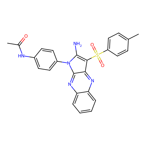 N-(4-(2-amino-3-tosyl-1H-pyrrolo[2,3-b]quinoxalin-1-yl)phenyl)acetamide structure