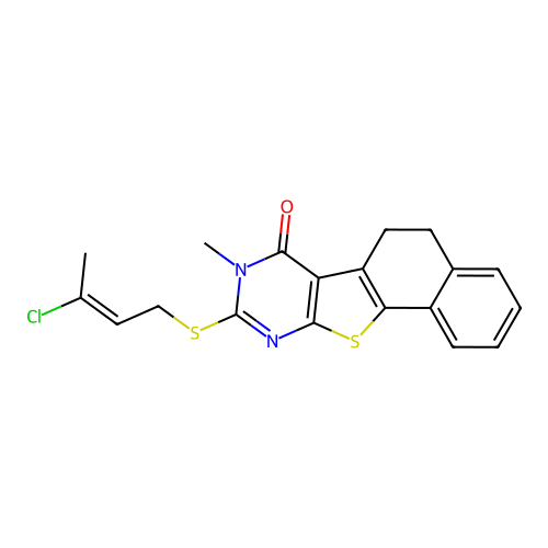 (E)-9-((3-chlorobut-2-en-1-yl)thio)-8-methyl-5,6-dihydronaphtho[2',1':4,5]thieno[2,3-d]pyrimidin-7(8H)-one structure