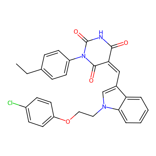 (5Z)-5-({1-[2-(4-chlorophenoxy)ethyl]-1H-indol-3-yl}methylidene)-1-(4-ethylphenyl)pyrimidine-2,4,6(1H,3H,5H)-trione structure