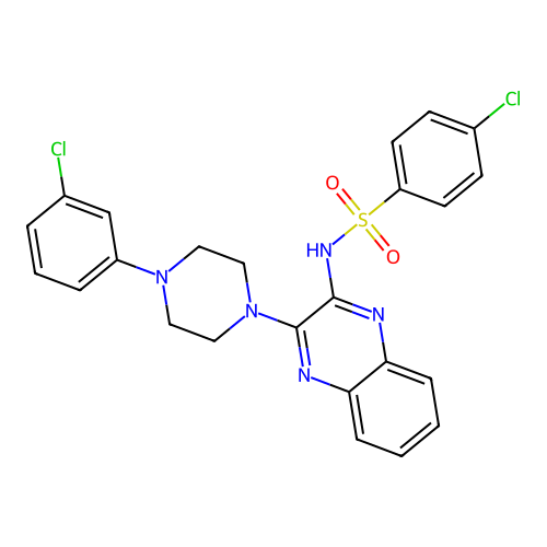 4-chloro-N-(3-(4-(3-chlorophenyl)piperazin-1-yl)quinoxalin-2-yl)benzenesulfonamide structure